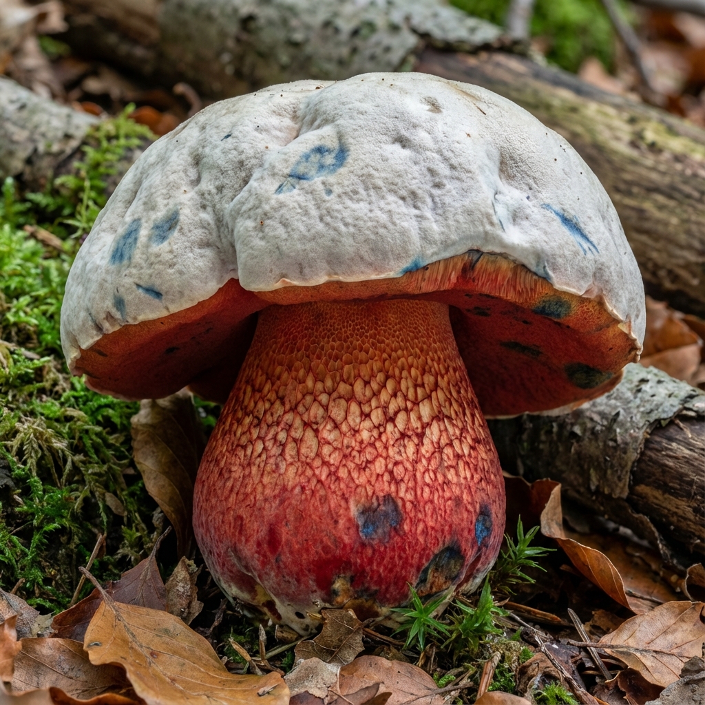 Rubroboletus satanas, sombrero pálido y tubos rojizos